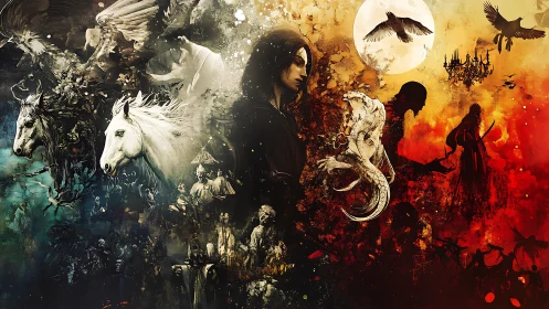 Surreal fantasy triptych contrasts ethereal steeds with infernal fire