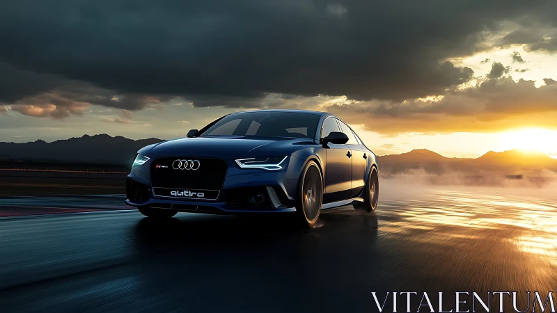 Sport sedan cuts through a stormy track at blazing sunset light