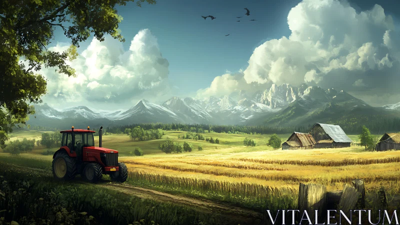 Red tractor traverses sunlit wheat fields beneath alpine storm clouds