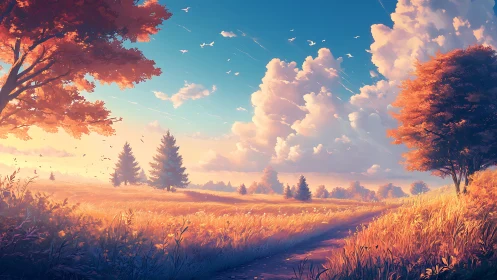 Radiant autumn meadow under towering glowing clouds.