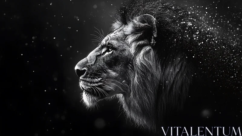 Lion profile rendered in high contrast monochrome light