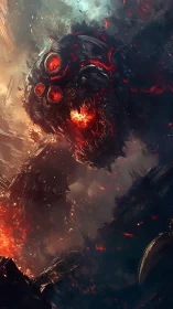 Burning mech titan strides through a storm of molten chaos.