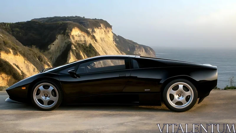 Sleek black sports car parked beside dramatic coastal cliffs.