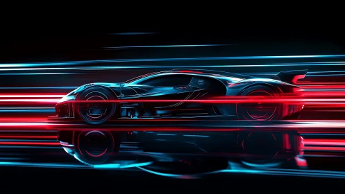Neon hypercar streaks through electric ribbons of speed.