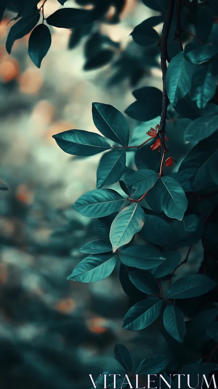Deep green leaves on branch with soft blurred bokeh background.