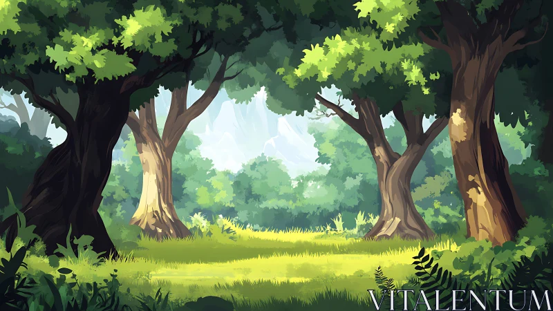 Forest Glade with Ancient Trees. Sunlit Natural Clearing.