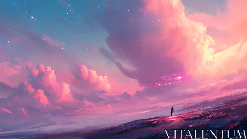 Solitary figure under expansive pink and blue skyscape.