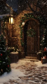 Snowy rustic doorway glows under warm Christmas lantern