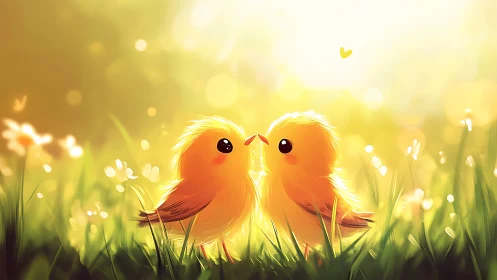 Two Glowing Orange Birds Face Each Other in Luminous Grassland