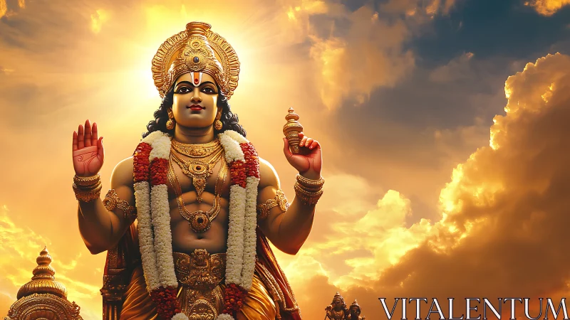 Radiant golden deity statue glowing against warm sunset sky.