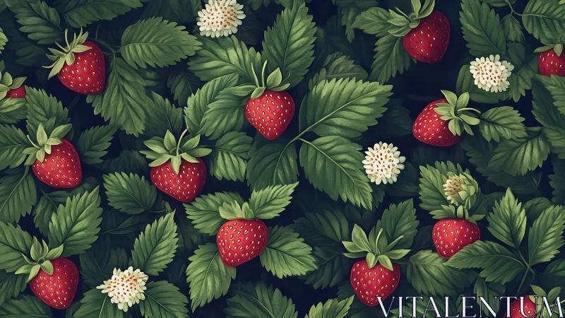 Lush strawberry garden pattern with ripe fruit and blossoms.