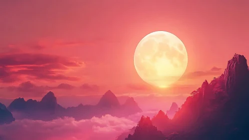 Surreal pink moonrise above misty mountain peaks at dusk.