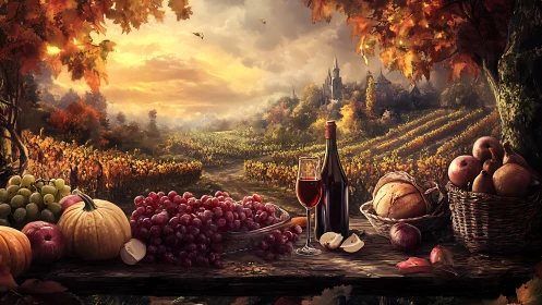 Still life arrangement overlooks structured vineyard landscape