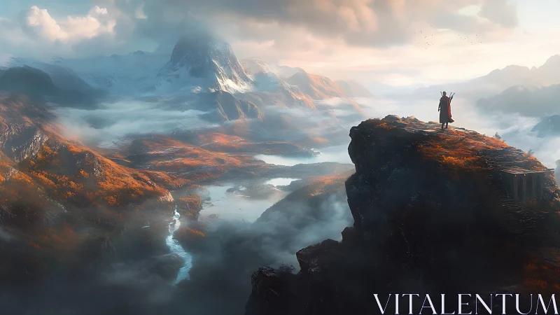 Lone wanderer greets a misty mountain valley at sunrise