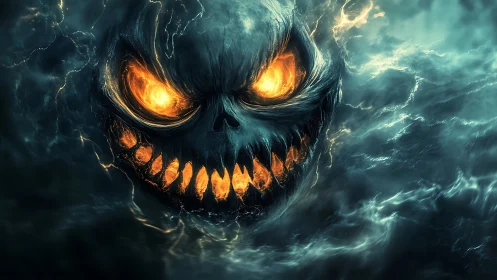 Fiery storm skull grinning through swirling midnight clouds.