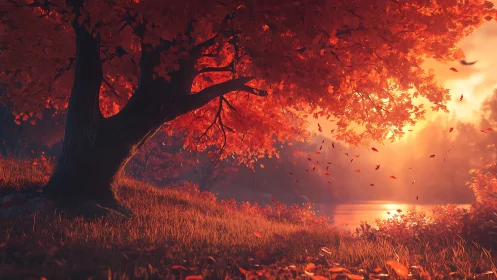 Radiant autumn maple glows beside a tranquil golden lake.