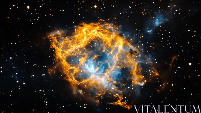 Expansive stellar nebula in vivid orange and cyan glow.