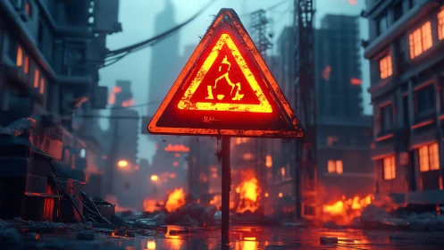 Glowing roadwork sign in burning ruined city street.