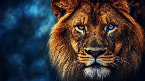 Lion portrait with heterochromatic eyes, electric contrast.