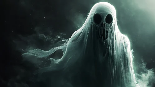 Gentle ghostly figure drifting through misty green night.