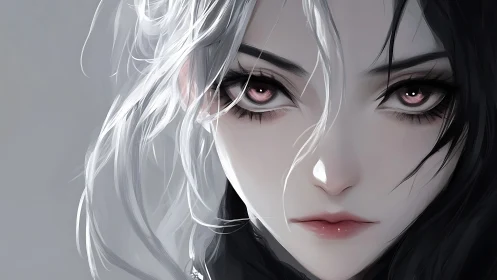 Dual-toned anime girl gazes forward in ethereal silence.