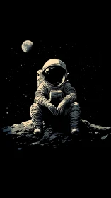 Solitary moonwalker pauses on a rocky ledge between stars