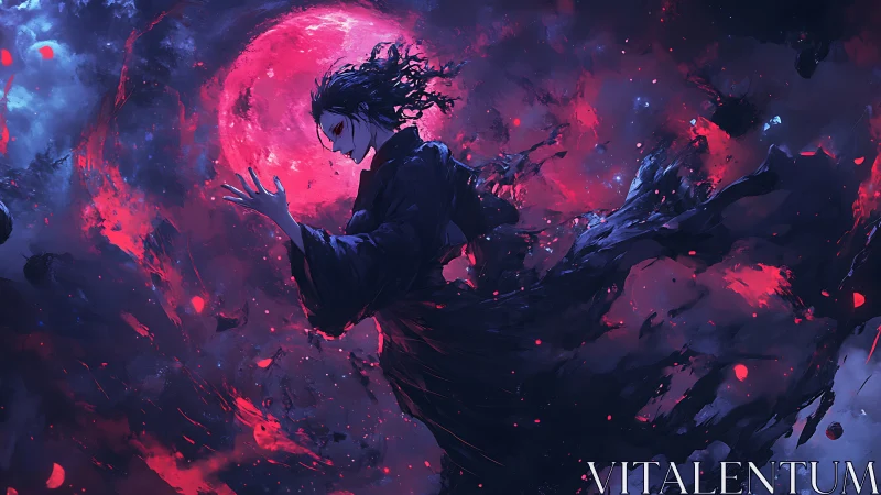 Sorcerer silhouetted against crimson lunar vortex in void