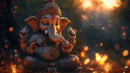 Gentle Ganesha in glowing forest light at golden dusk.
