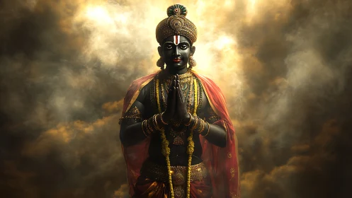 Divine black-skinned deity stands in radiant golden clouds.