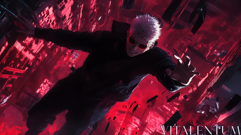 White haired figure dives through neon red cyber city shards