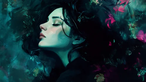 Serene female profile emerges from deep teal abstract shadows