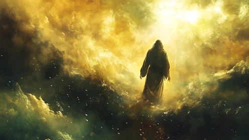 Radiant robed figure ascending through luminous golden clouds.