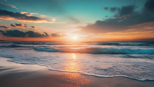 Sunset ocean horizon with luminous rolling shoreline waves.