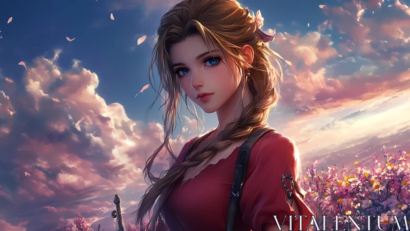 Anime woman stands in flower field under colorful sunset sky