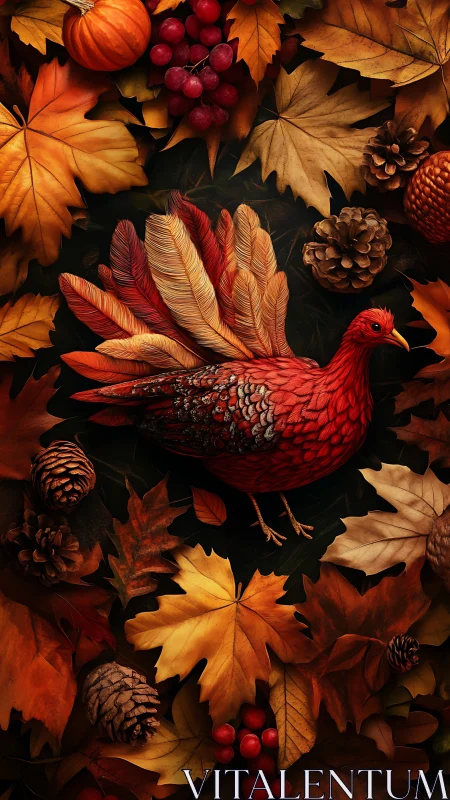 Crimson pheasant amid autumn maple leaves, pinecones, harvest
