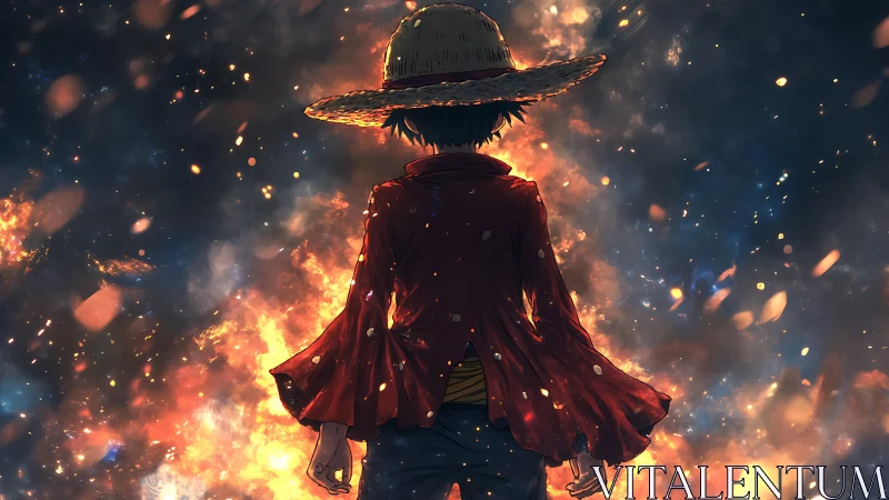 Solitary figure in straw hat stands before diffuse fire field