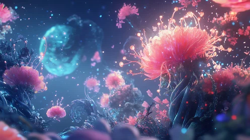 Bioluminescent Flowers Bloom Against Cosmic Darkness.