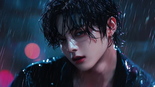 Wet-haired youth under rain with blurred city lights.