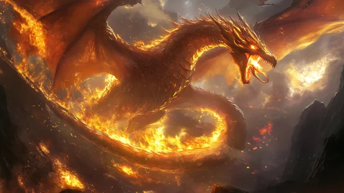 Infernal serpentine dragon coils through volcanic firestorm sky
