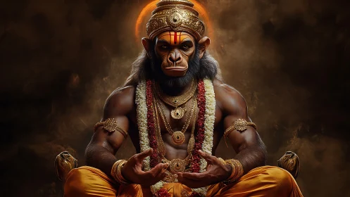 Divine monkey warrior sits in golden-lit meditative power.