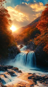 Sunlit autumn waterfall in forested mountain valley.