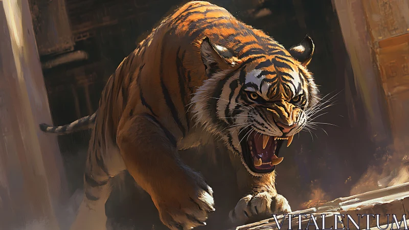 Snarling tiger charges through ruined sunlit temple corridor.