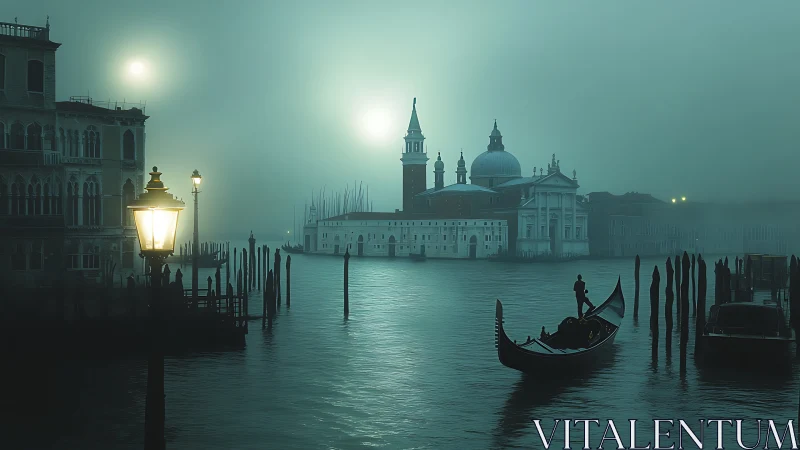 Moody Venetian canal night with lone gondola and basilica.