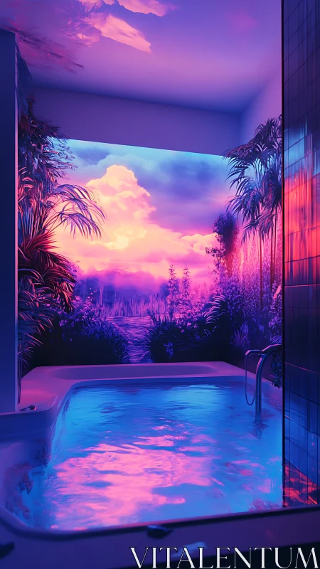 Indoor hot tub faces neon tropical mural with glowing water