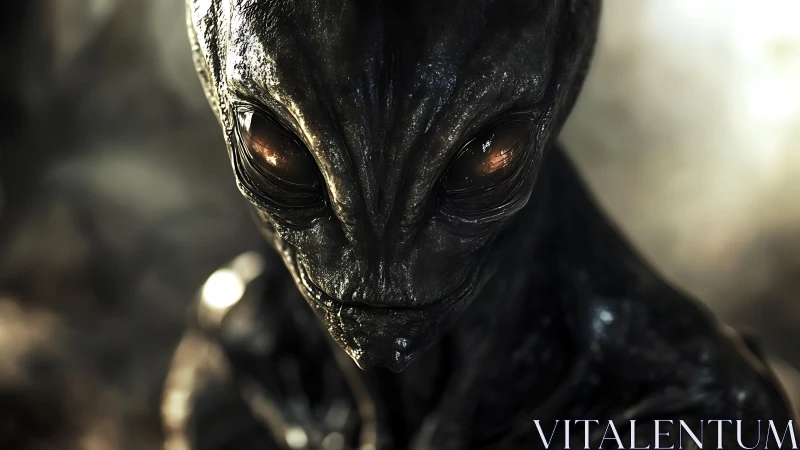 Alien creature portrait shows glossy textured head in focus