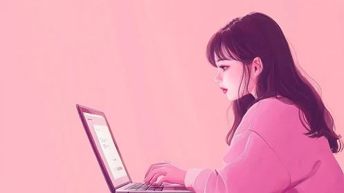 Soft pink workspace shows a focused girl enjoying her laptop