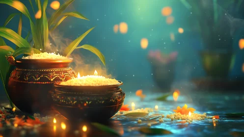 Decorative brass pots with rice and candlelight on water.