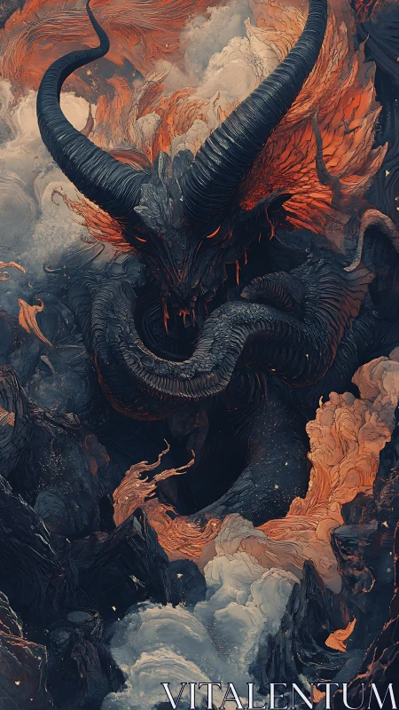 Horned lava demon emerging from smoke and rock.
