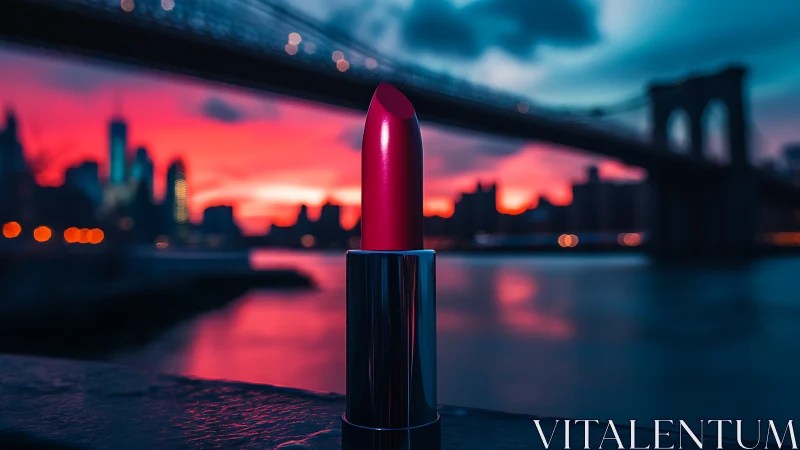 Urban glamour lipstick close-up against neon dusk skyline.