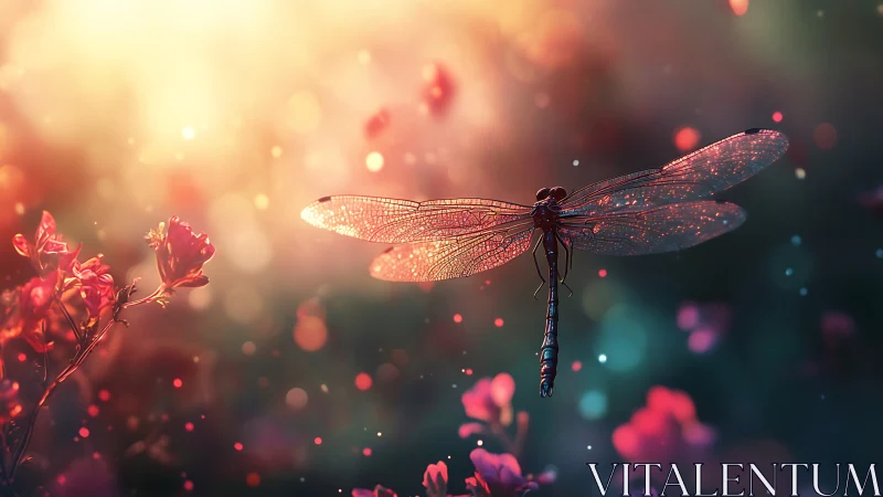 Dragonfly in glowing backlight over softly blurred garden.